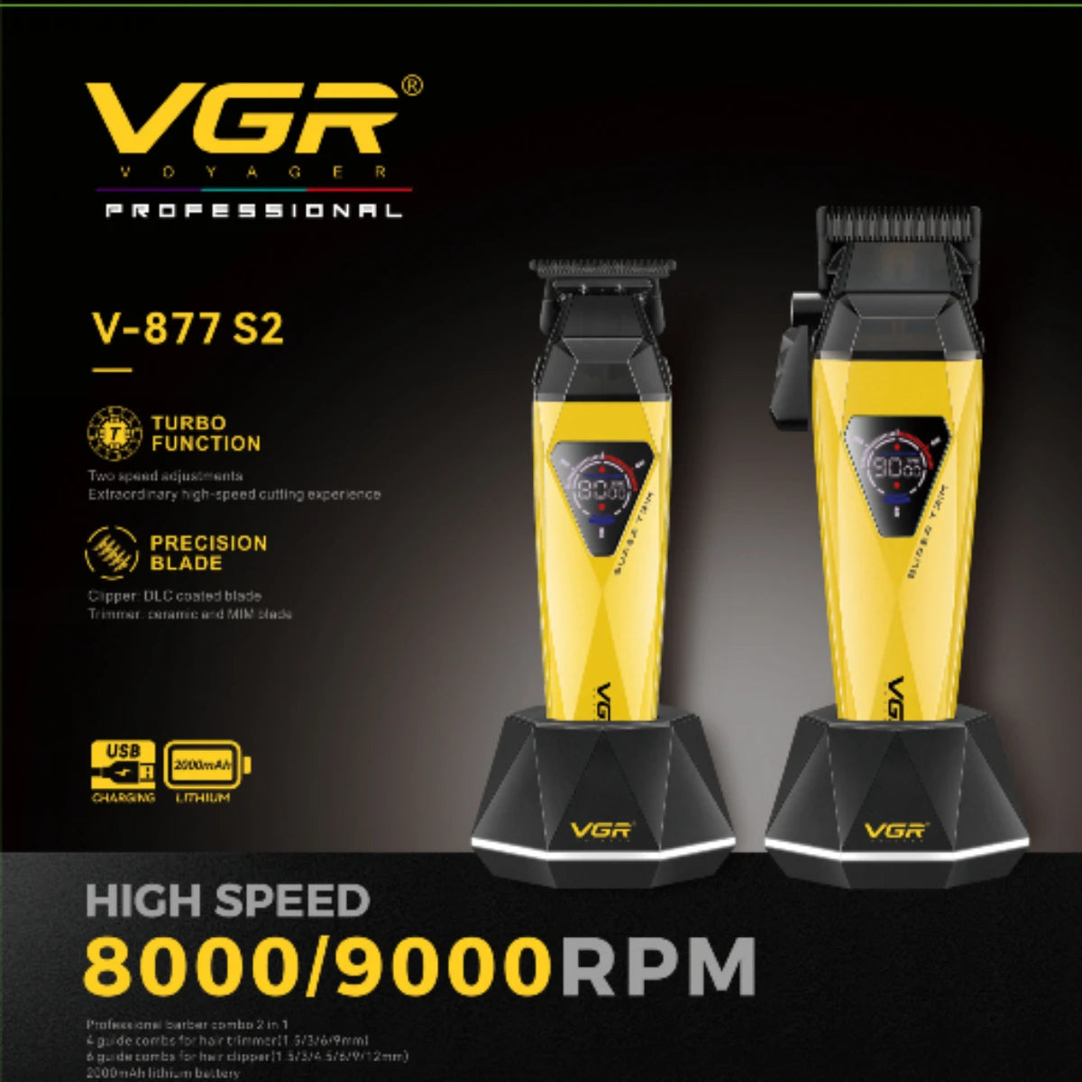 VGR Hair Trimmer Professional Hair Clippers Cordless Hair Cutting Machine Barber Combo Electric Haircut Trimmer for Men V-877 S2