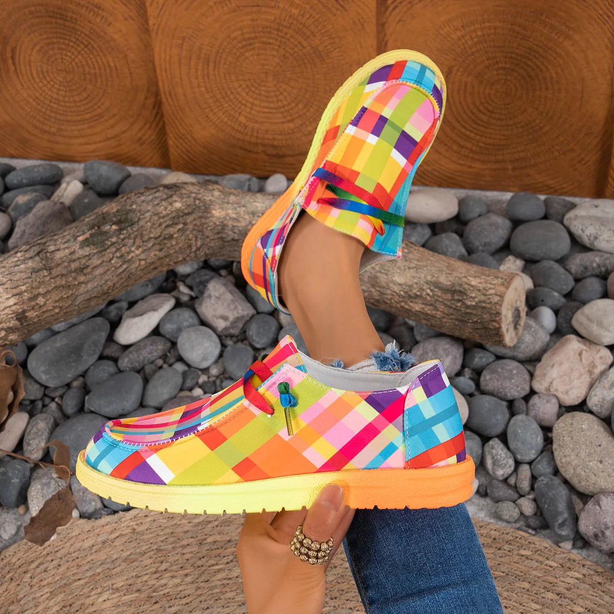Women Flats Round Toe Multi-Color Sneakers Women Ethnic Rainbow Canvas Shoes Autumn New Casual Daily Flat Loafers Shoes Ladies