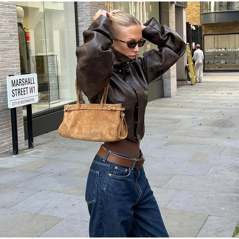Fashion Lapel Leather Jacket Women's Full Sleeve Slim Solid Zippers Coat 2026 Spring New Lady Edgy Casual High Street Outerwear