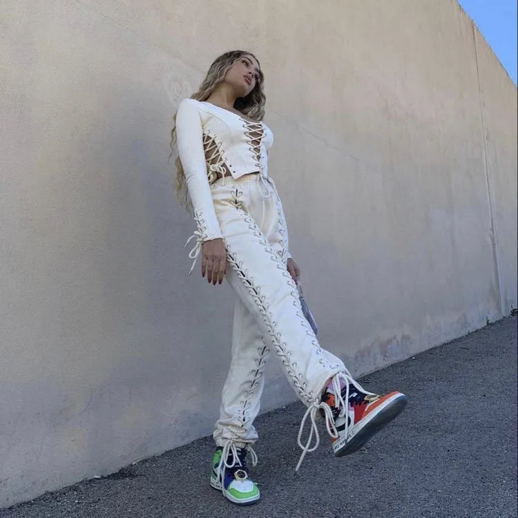 BoozRey Y2k Women Pants Streetwear Low Waist Pant 90s Vintage Clothes Skinny Slim Sexy Lace Up Hollow Out Straight Trousers