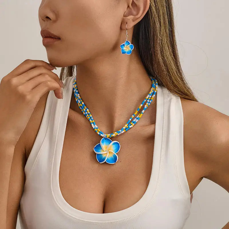 Egg Flower Earrings Necklaces Set Pendant Bohemia Flower Necklaces Earrings Drop Earrings Choker Vacation Style Jewelry Girl