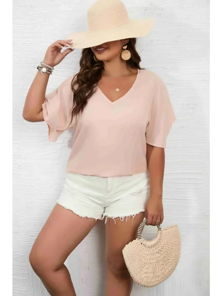Women's Plus Size 1XL-5XL Solid Color Short Sleeve Blouse V Neck Bell Sleeve Blouse Casual Pullovers Shirt Top