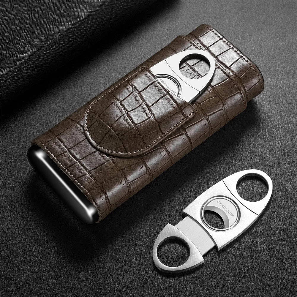 3-pack Cigar Case Luxury Portable Leather Holder Box Storage with Stainless Steel Sharp Cigar Cutter Smoking Accessories CH-24FA