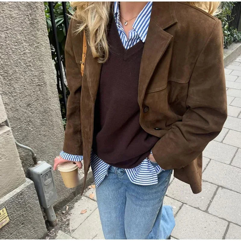 Boyfriend Brown Coat For Women Spring Turndown Collar Long Sleeve Female Jacket 2025 Fashion Loose Single-breasted Lady Coats