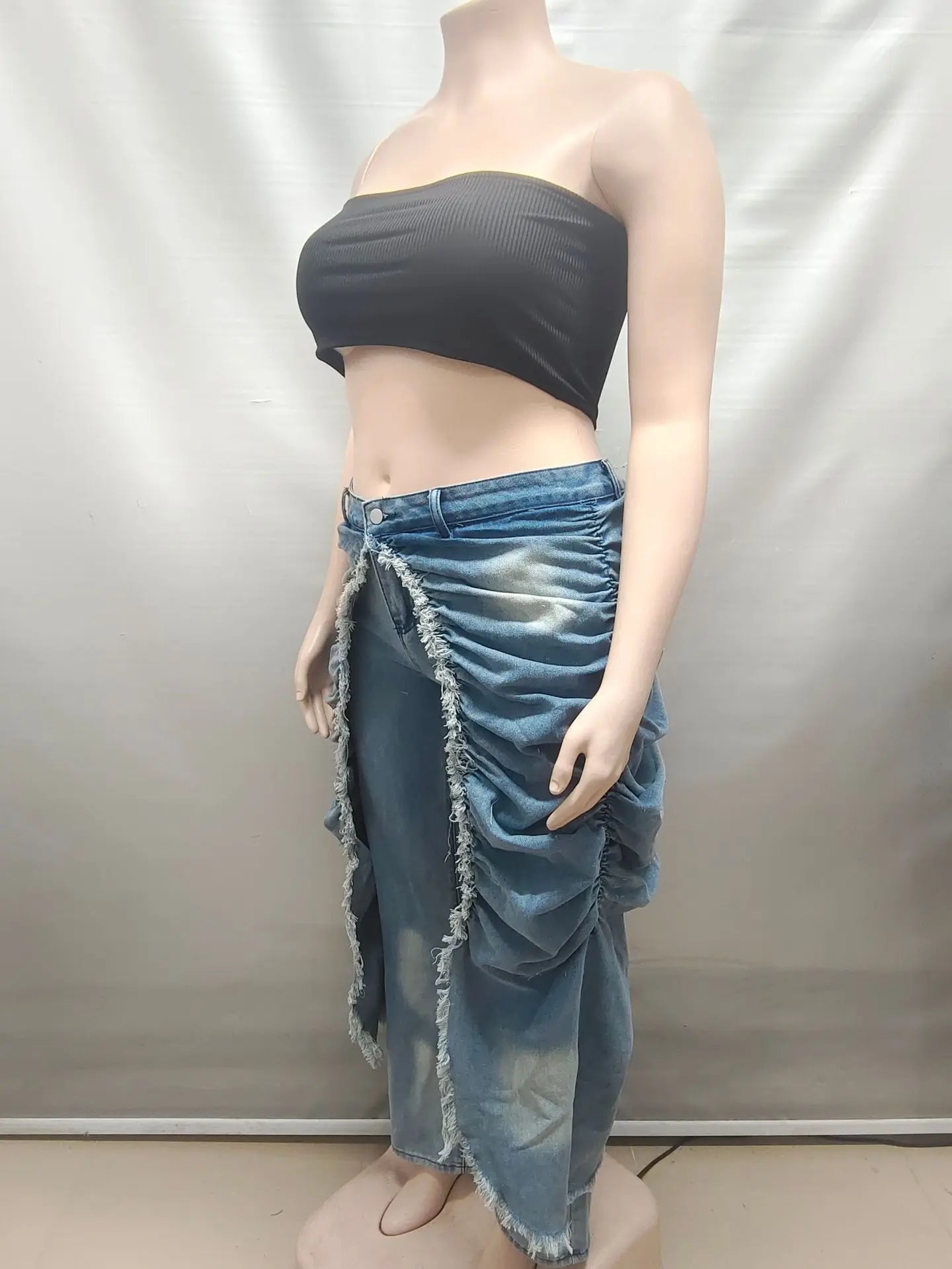Women Solid Jeans Pants Denim Pleated Trousers Fuzzy Edge Full Lenth Mid Waist Zipper Straight Y2k Streetwear Casual 2026 Spring