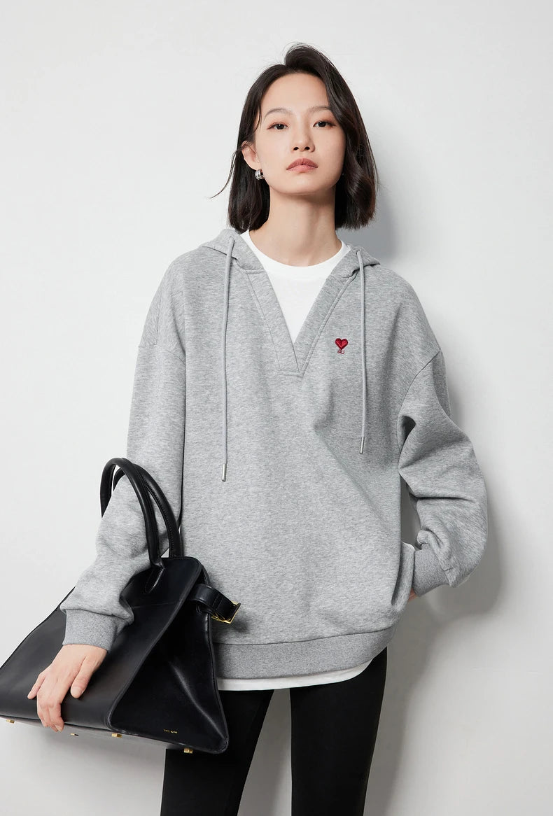 TOYOUTH Women Hoodies Sweatshirt 2024 Autumn New Heart Patter Embroidery Fake Two Piece Hooded Pullover Tops