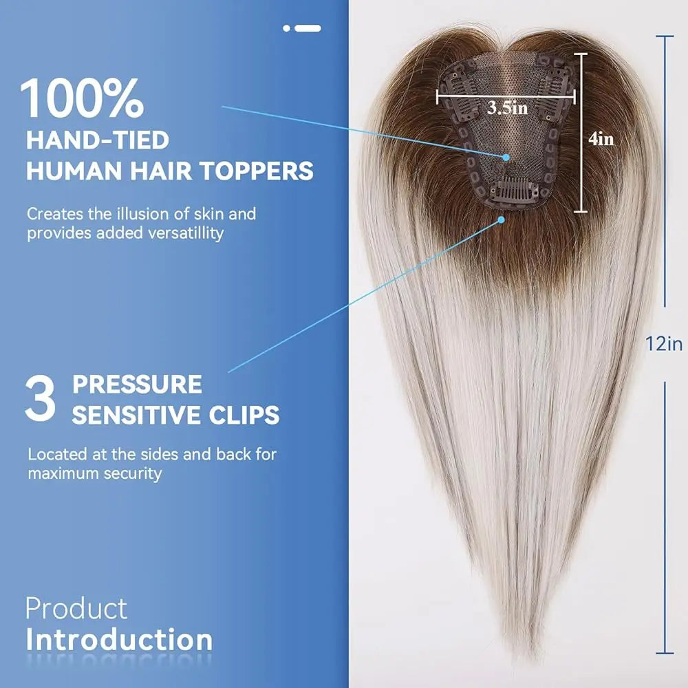 100% Real Human Hair Toppers for Women Ombre Brown Blonde Hair Topper 3.5*4 inch Lace Base Clip in Hair Extensions for Hair Loss