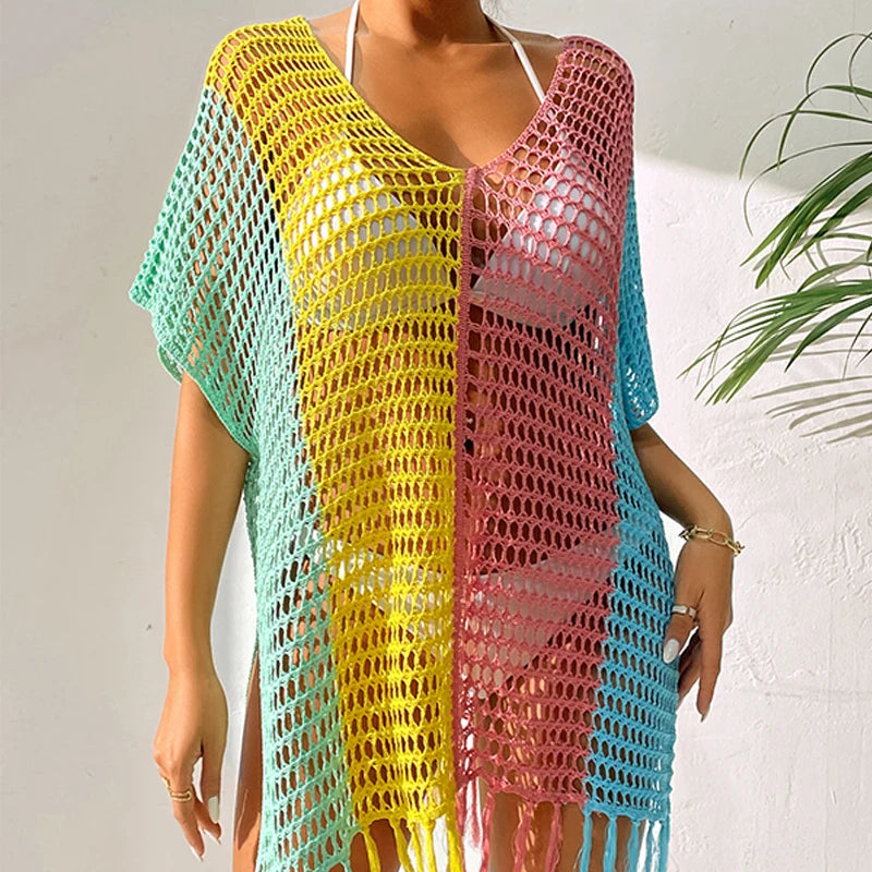 Knitted Contrast Tassel Bikini Summer Beach Cover Up Sexy Hollow Out Women V Neck Loose Beachwear Sunscreen Smock