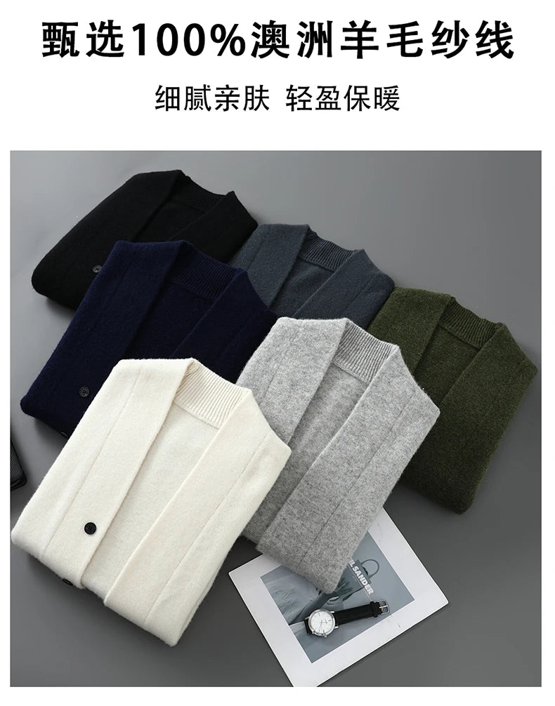 2025 Autumn Winter New Thick Cardigan 100% Pure Wool Men's Versatile Jacket V-Neck Loose Casual Highend Knitted Cashmere Sweater