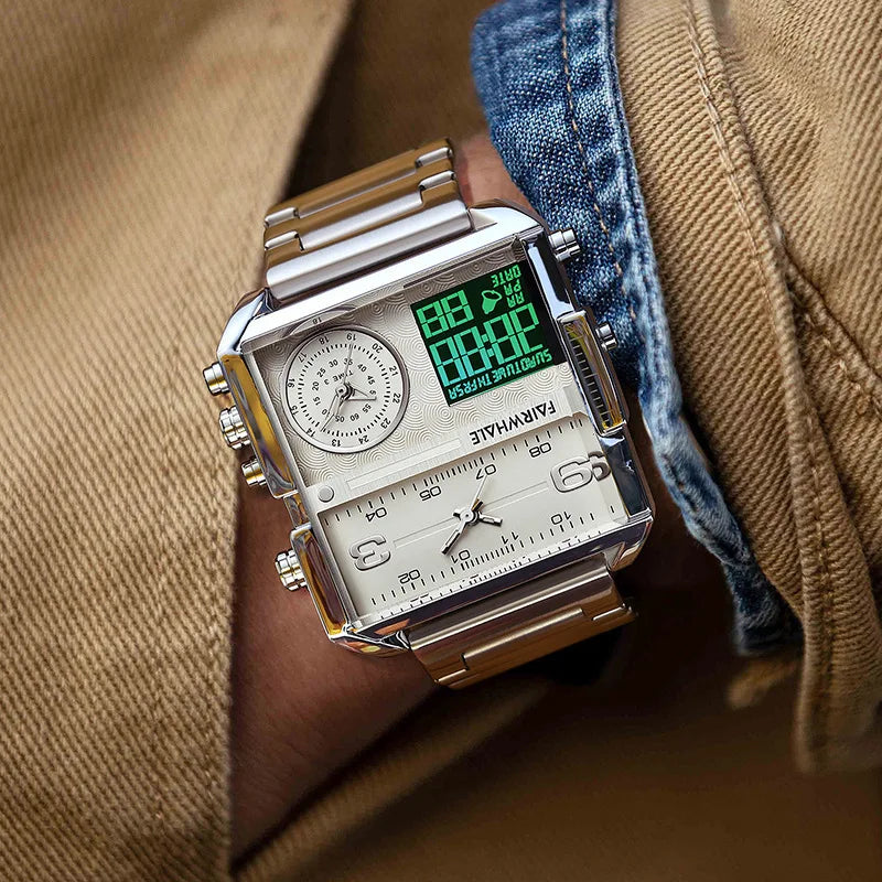 Mark Fairwhale 4270 Retro Square Men's Electronic Digital Dual Display Waterproof Night Light Leisure Men's Clock reloj hombre