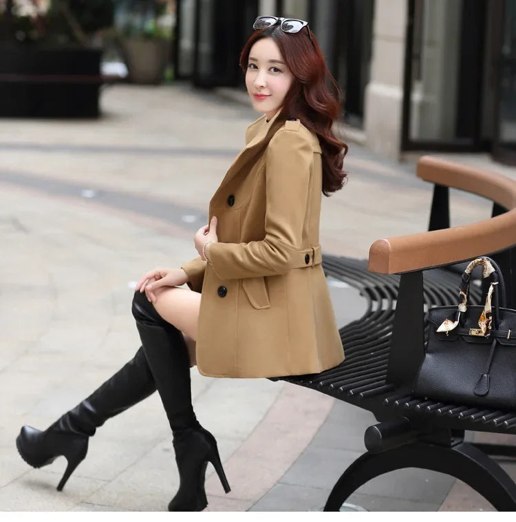 Spring Autumn Women's Slim Fit Short Double Breasted Woolen Coat Thickened Korean Style Fashionable Outerwear