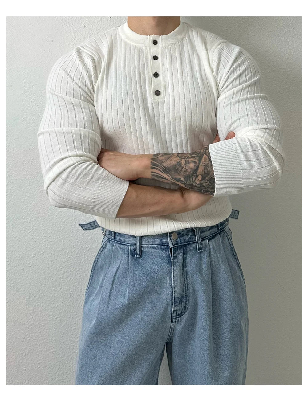 Autumn Clothing Men's Light Luxury Knit Korean Popular Henry Collar T-shirt Button-down Long Sleeve Retro Leisure Knitwear
