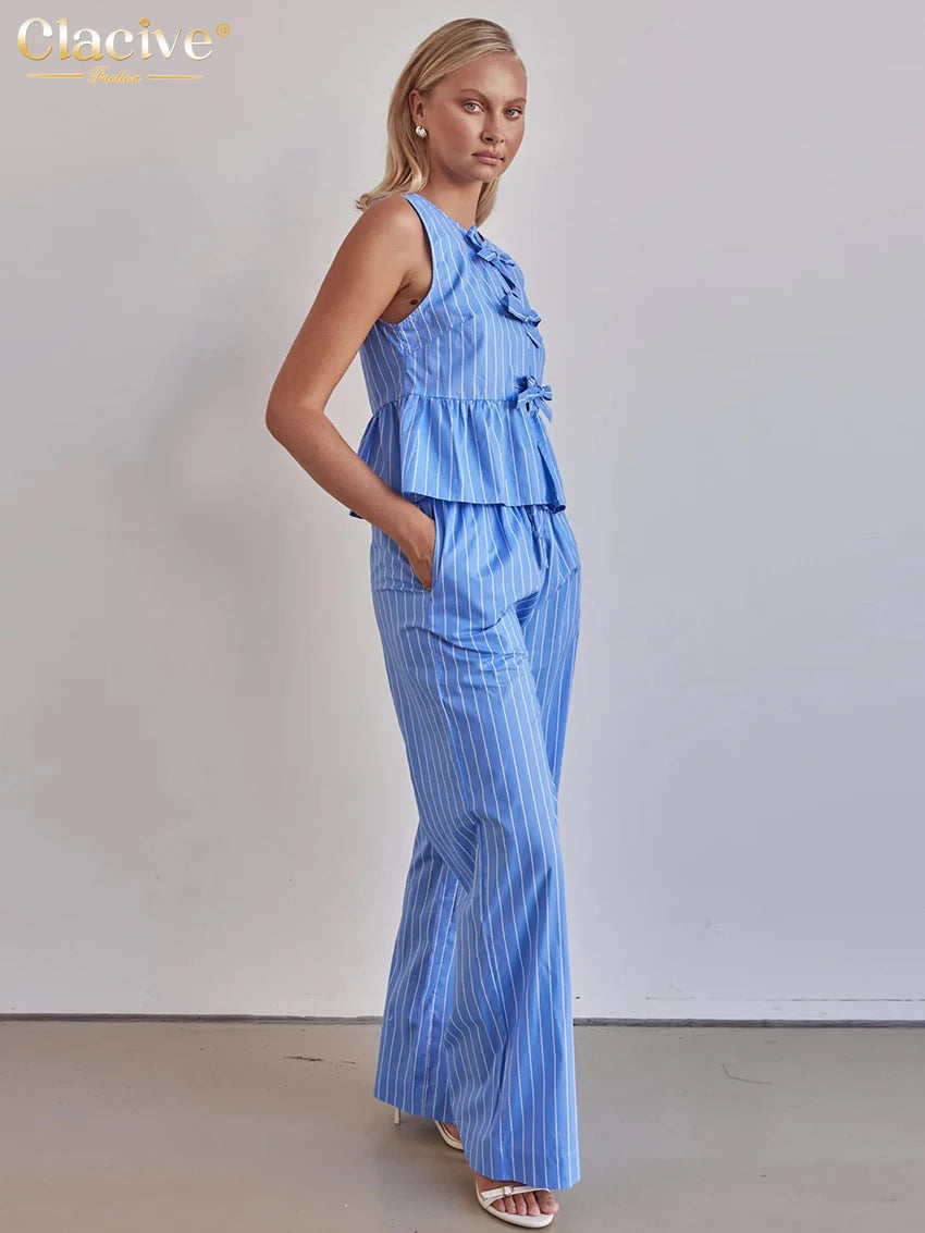 Clacive Summer Loose Blue Stripe 2 Piece Set Woman Outfit 2025 Fashion Sleeveless Tank Top With High Waist Wide Pants Set Female