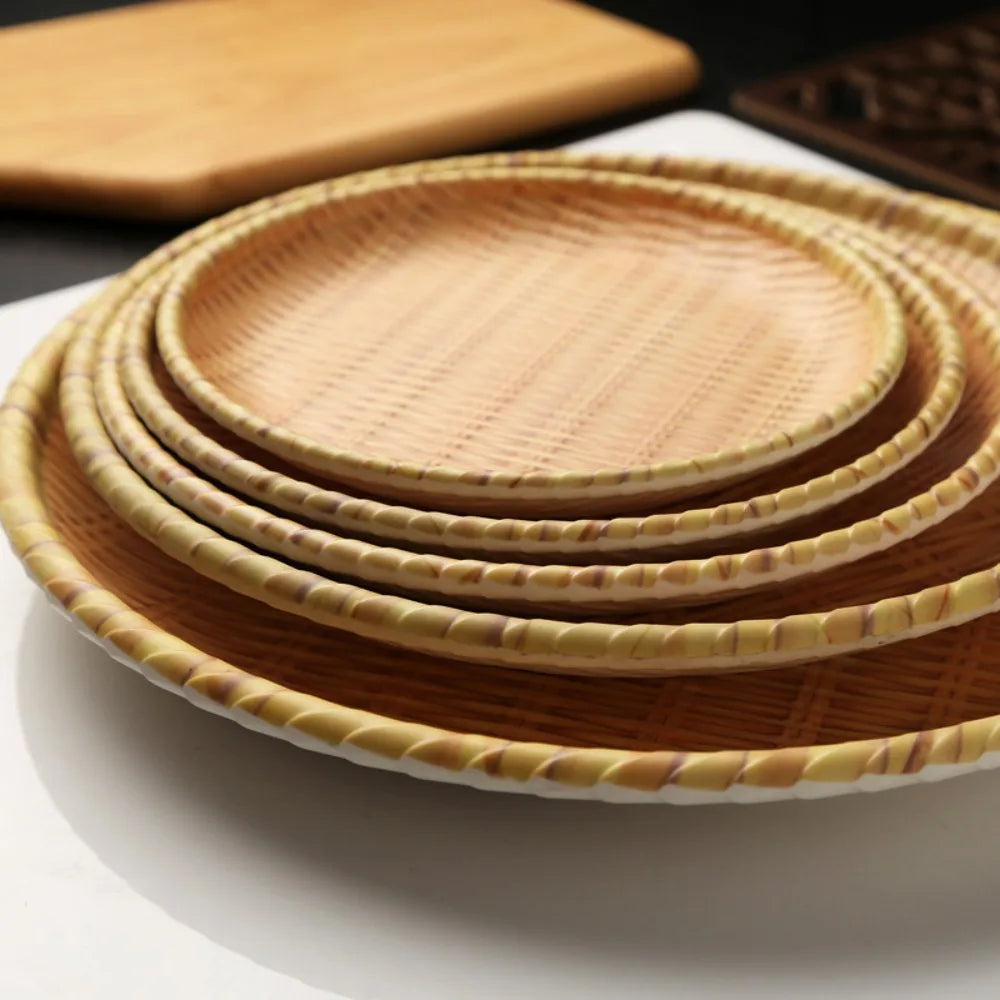 Creative Traditional Imitation Weaving Dinner Plate Round Classic Bread Dessert Plate Convenient Durable Snack Plate Living Room