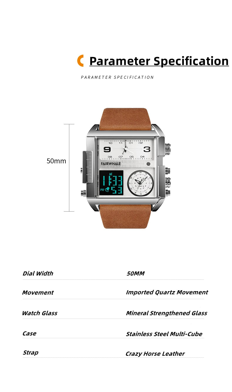 Mark Fairwhale 4270 Retro Square Men's Electronic Digital Dual Display Waterproof Night Light Leisure Men's Clock reloj hombre