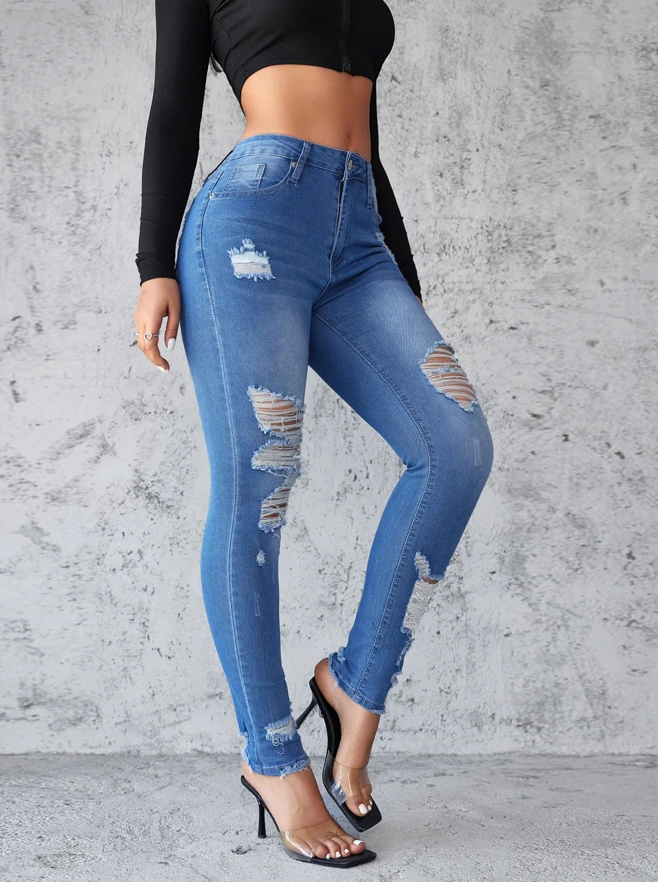 Women's Skinny Jeans Hole Design Spring Summer New Style Butt Lifting Long Trousers Comfortable Fit Denim Pants