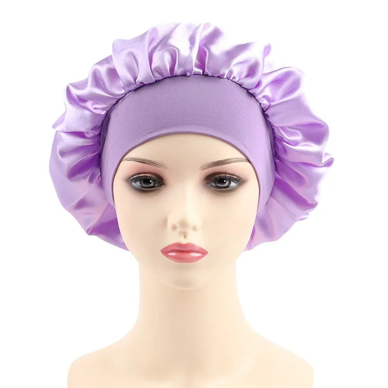 Women's Satin Solid Elastic Wide-brimmed Sleeping Hat Unisex Head Wrap Elastic Band Cap Hair Care Bonnet Night Hat bonnet