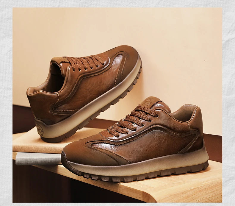 Classic Leather Casual Sneakers Men Comfortable Men's Spring Autumn Sneakers Platform Shoes Lace Up Brown Black Footwear 2025
