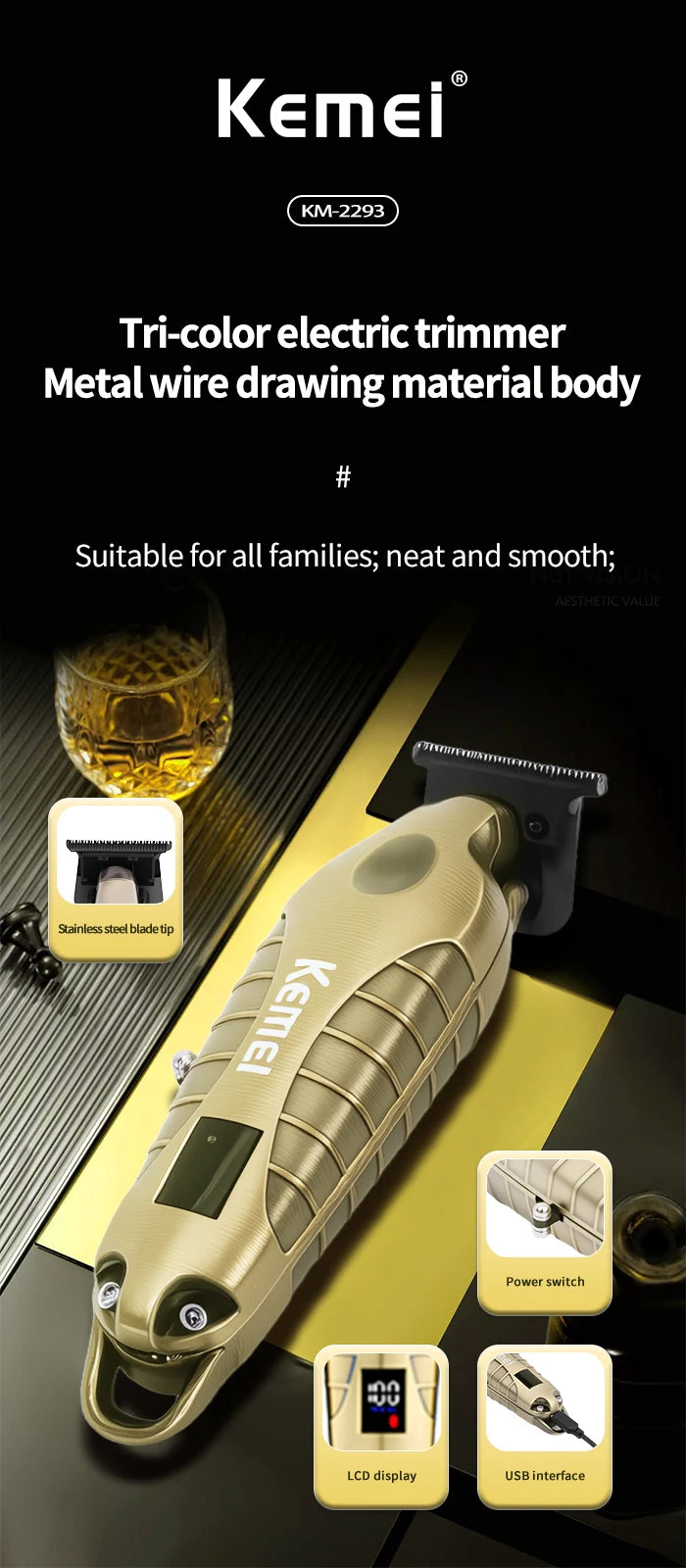 Kemei 2293 Electric Hair Clippers Men Professional Barber Hair Cutting Machine Wireless Carving Clipper Alloy Body Hair Trimmer