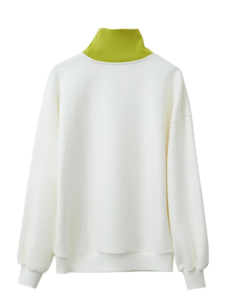 AMII Minimalist Preppy Style Embroidery Sweatshirt Women 2024 Autumn Lazy Loose Spliced Turtleneck Velvet Pullovers 12333011