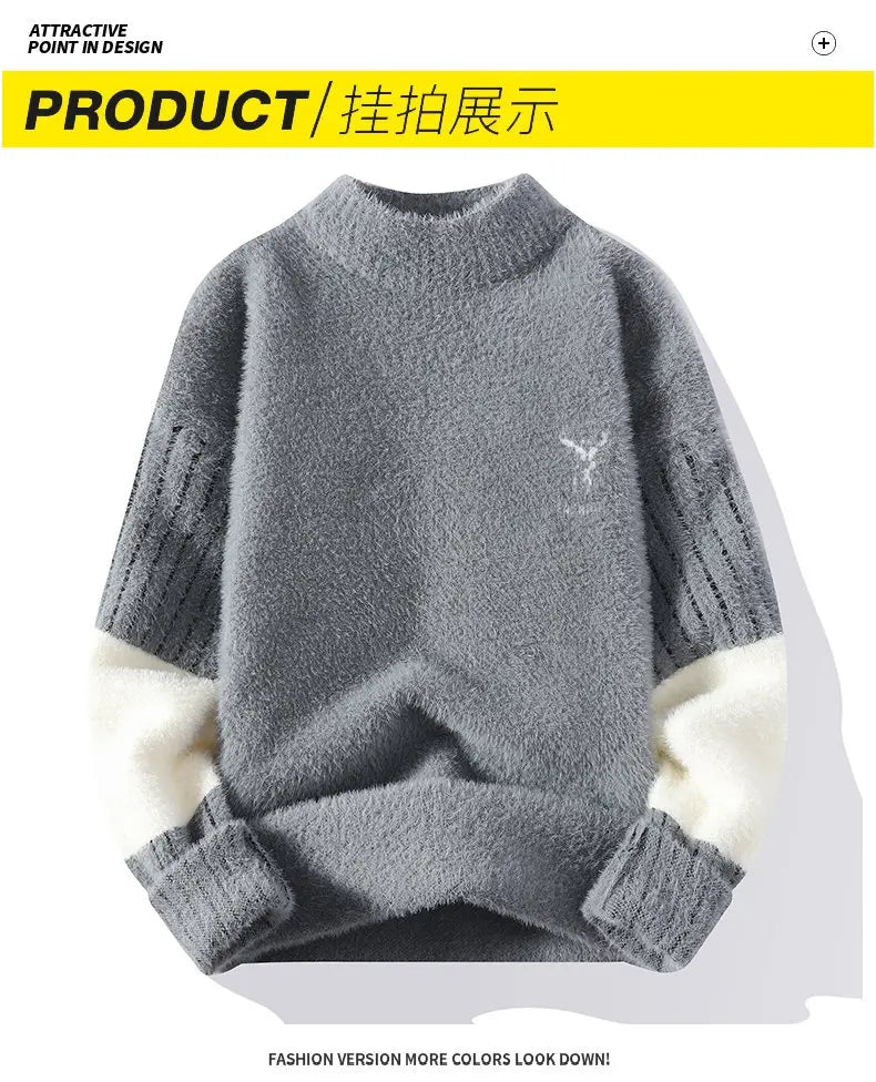 Thickened Winter Semi High Neck Knitted Sweater with Anti Pilling Splicing Men's Casual Long Sleeved Bottom Printed Pullover