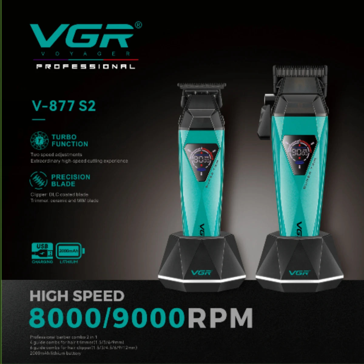 VGR Hair Trimmer Professional Hair Clippers Cordless Hair Cutting Machine Barber Combo Electric Haircut Trimmer for Men V-877 S2