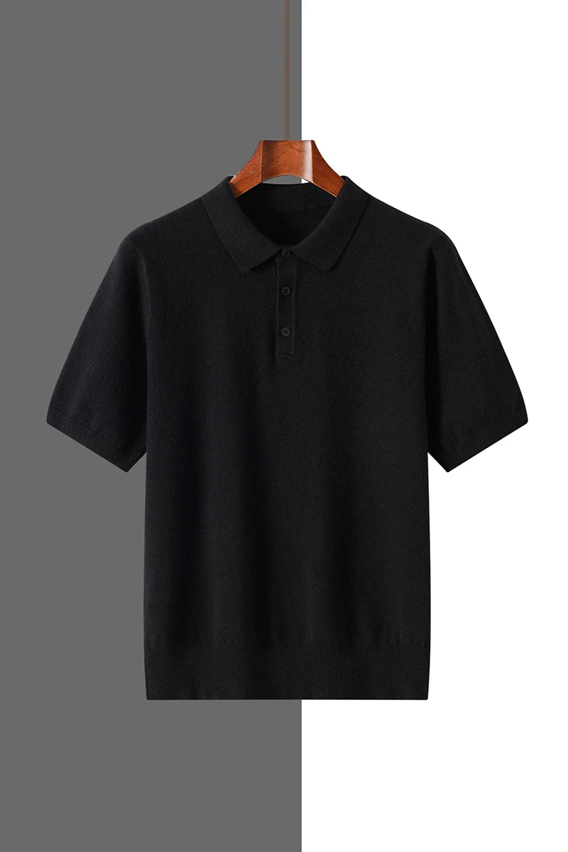 2025 Classic Polo Neck T-Shirt Pullover Men Knitwear Wool Lyocell Blend Sweater Short Sleeved Cool High-Quality Clothing Tops