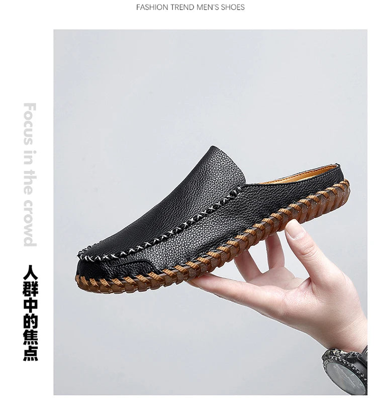 Plus Size 38-48 Handmade Mules Mens Backless Loafers Slippers Half Shoes For Men Slide Closed Toe Sandals Semi-Drag Casual Shoes