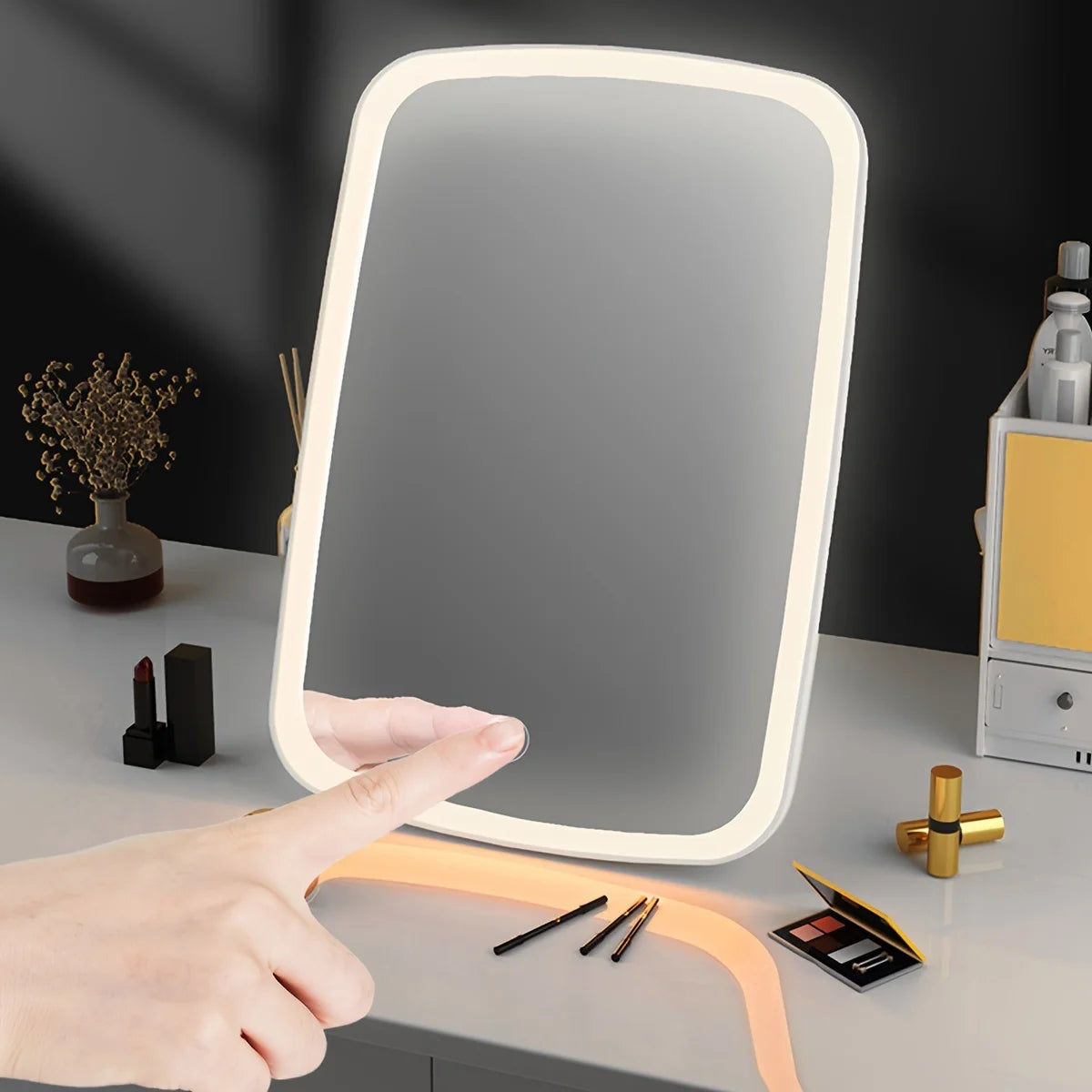 LED Makeup Mirror with Touch Sensor 3 Color Lighting  Adjustable Brightness Folding Tabletop Cosmetic Mirror with USB Charging