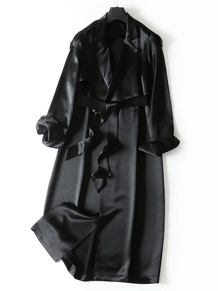 Lautaro Spring Autumn Long Soft Luxury Elegant Flowy Satin Acetate Trench Coat for Women High Quality Chic British Fashion 2022