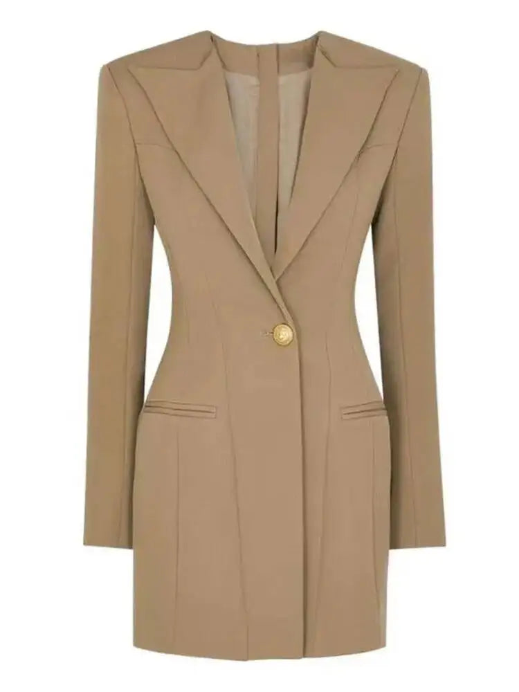 LGRQ 2026 Spring Fashion Women Clothes Notched Collar Full Sleeves Metal Single Button Slim High Waist Blazer Office Lady