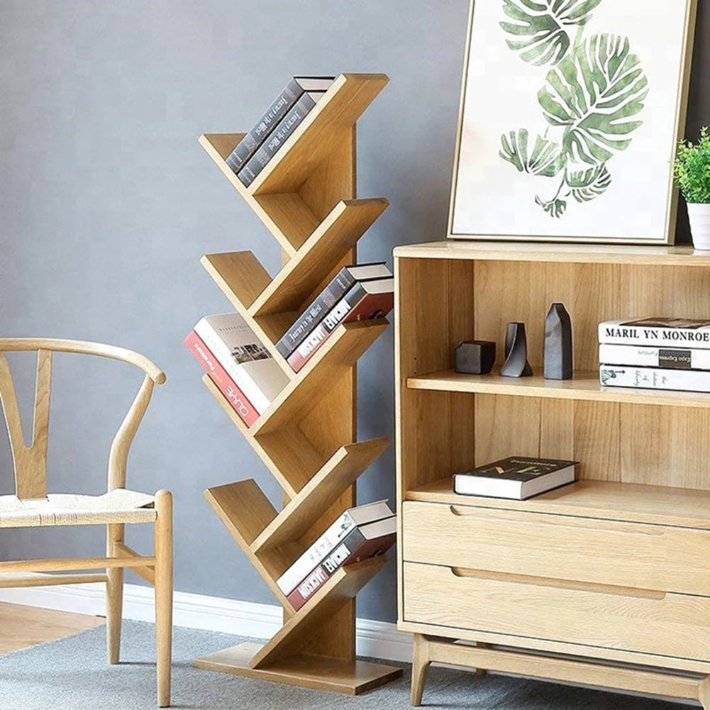 【Breeins】Rustic Standing Tree Bookshelf Wood Display Rack For Home Office Decoration Storage Organizer Shelf Bookcase