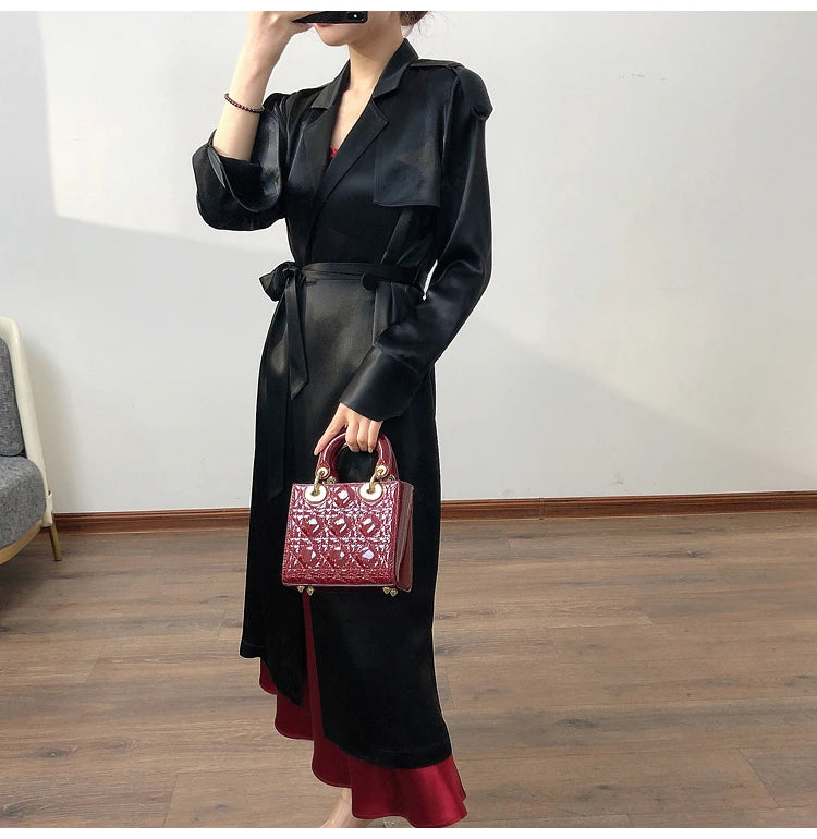 Lautaro Spring Autumn Long Soft Luxury Elegant Flowy Satin Acetate Trench Coat for Women High Quality Chic British Fashion 2022