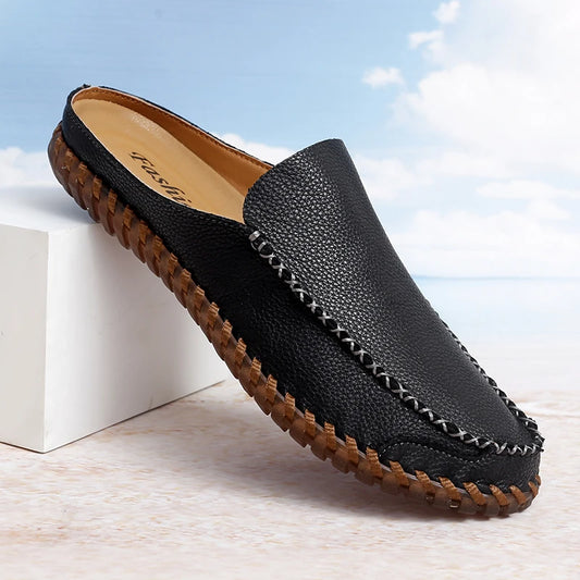 Plus Size 38-48 Handmade Mules Mens Backless Loafers Slippers Half Shoes For Men Slide Closed Toe Sandals Semi-Drag Casual Shoes