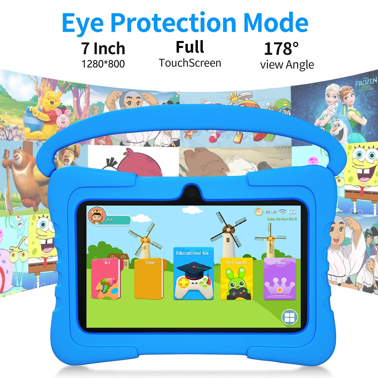 BDF-K3 Kids 7 Inch Android Tablets Quad Core 4GB+64GB ROM Cartoon Portable with Kids-Proof Protective Case Best Gift for Childre