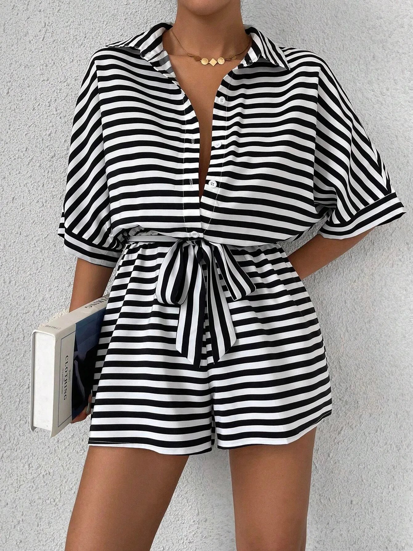 Summer New Set For Women's Casual Loose Comfortable Outfit Fashion Striped Batwing Sleeve Shirt Top+ Shorts 2-piece Sets Woman