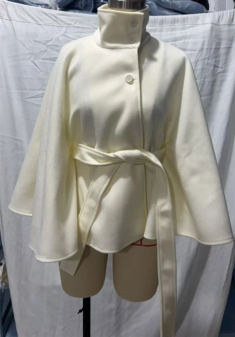2026 New Lace Up High Neck Jackets For Women Belt Faux Wool Blends Cape Coats Autumn Winter Warm Elegant Cloak Coat Ladies