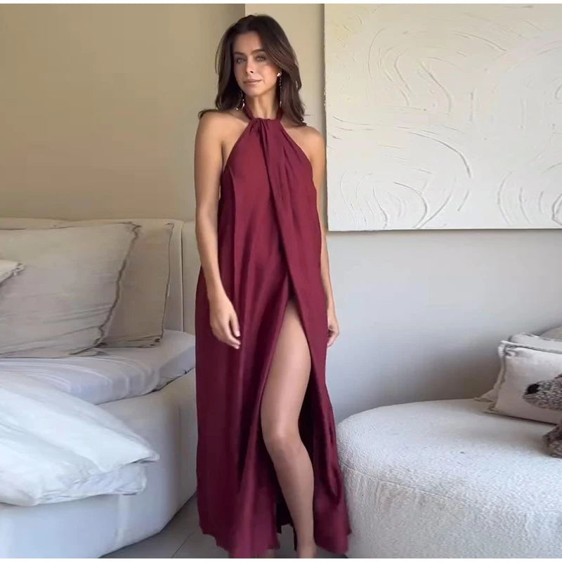 Fashion Women' S Long Dresses Halter Elegant Backless Sleeveless Split Dress Female Summer New Lady Beach Vacation Robes
