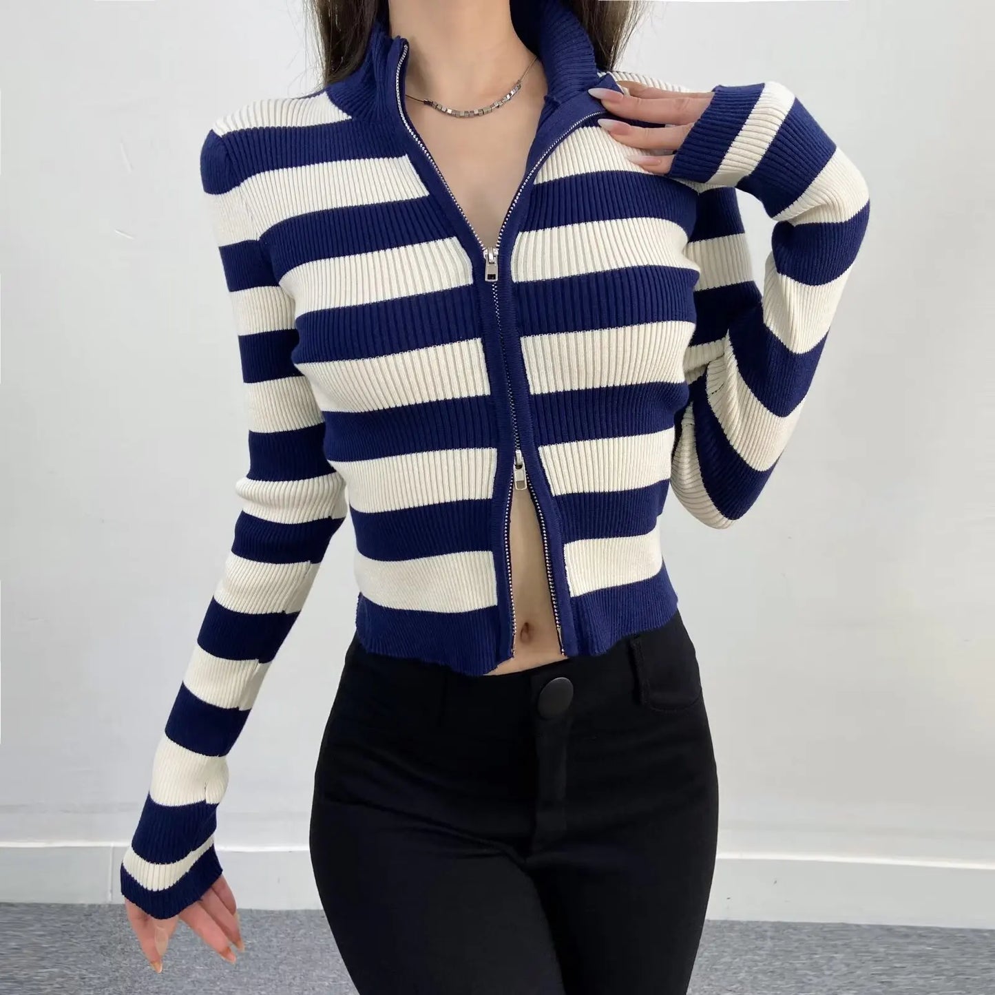 Slim Fit American Style Knitted Cardigan Women's Double Zipper Open Front Pure Desire Autumn Fashion Outerwear BM Style