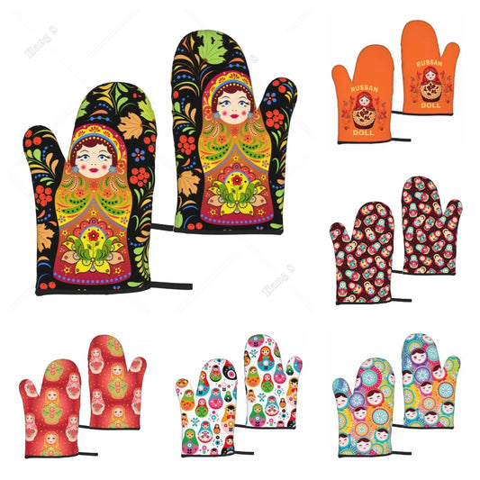 Fashion Print Russian Babushka Matryoshka Doll Set of 2 Kitchen Gloves Women Men Oven Gloves Heat Resistant for BBQ Cooking