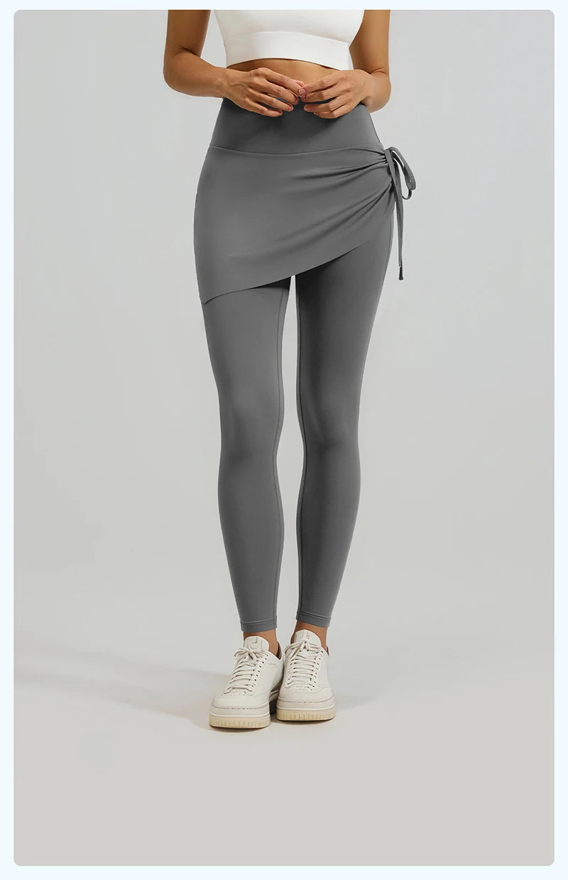 BIVIGAOS New Spring Drawstring Pleated Yoga Leggings Skirt Pants Fake Two Piece Women High Waist Elastic Sports Fitness Leggings