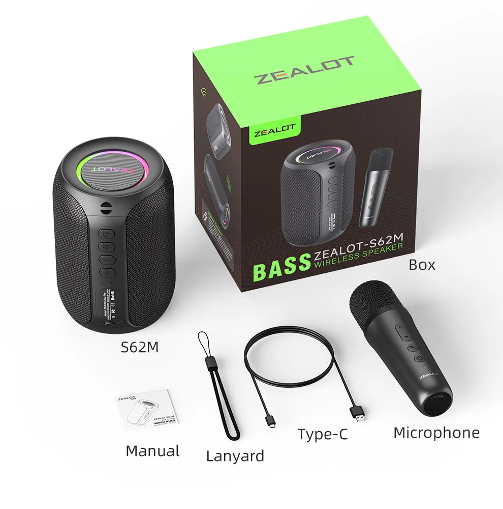 ZEALOT-S62M Karaoke Machine Portable Bluetooth 5.3 Speaker System with 1-2 Wireless Microphones Home Family festival Gifts