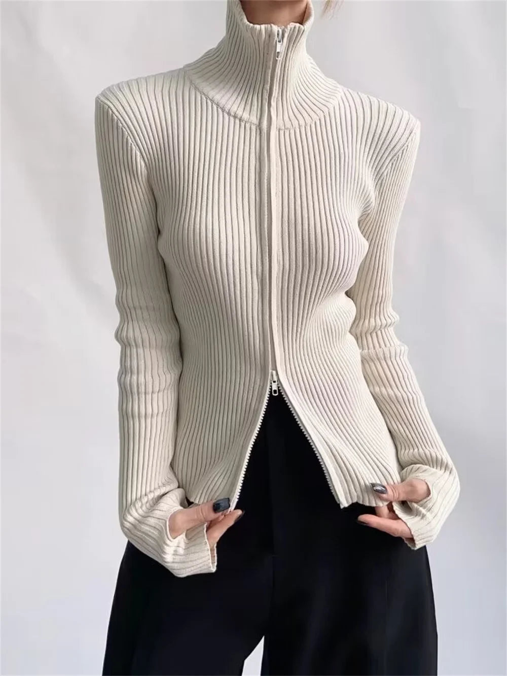 Fashion Korean New Spring Women High Elastic Slim Knitted Cardigan Woman Zipper Turtleneck Knitwear Long Sleeve Sweater Coat