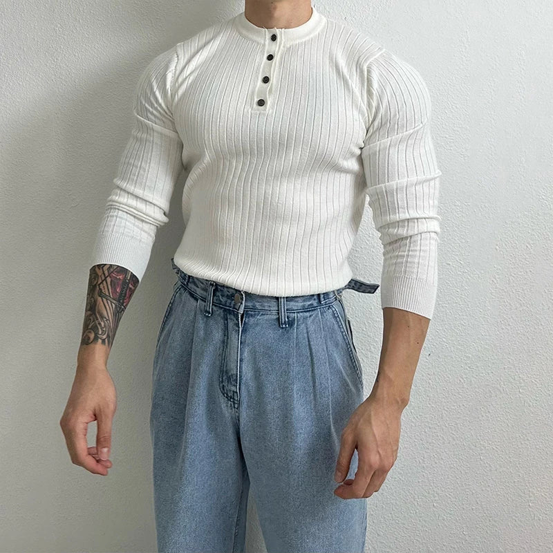 Autumn Clothing Men's Light Luxury Knit Korean Popular Henry Collar T-shirt Button-down Long Sleeve Retro Leisure Knitwear