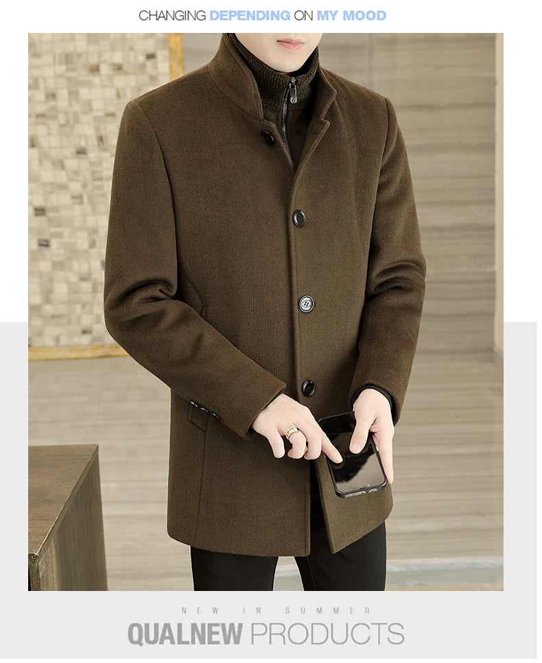 Men's Long Wool Coat High Quality Trendy Fashion Handsome Solid Color Wool Trench Coat with Removable Thickened down Inner Liner