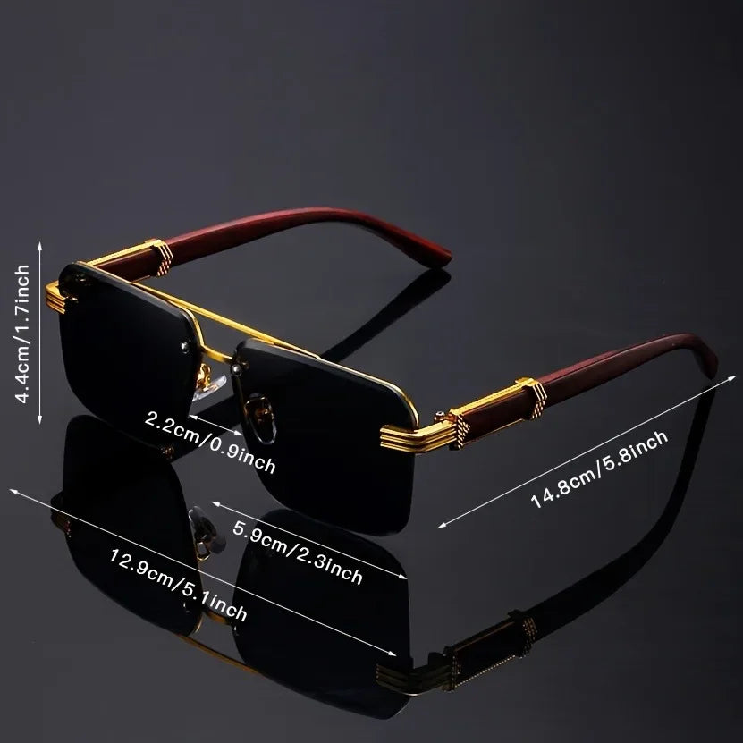 Women's Frameless Double Beam Fashion Sunglasses Golden Border Wood Grain Bracket for Male and Female Drivers Black Eyeglasses