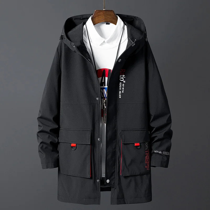 Korea Fashion Oversize 7XL 8XL 2024 Casual Men's Black Windbreaker Jackets Long Trench Coat For Spring Autumn Winter Clothes
