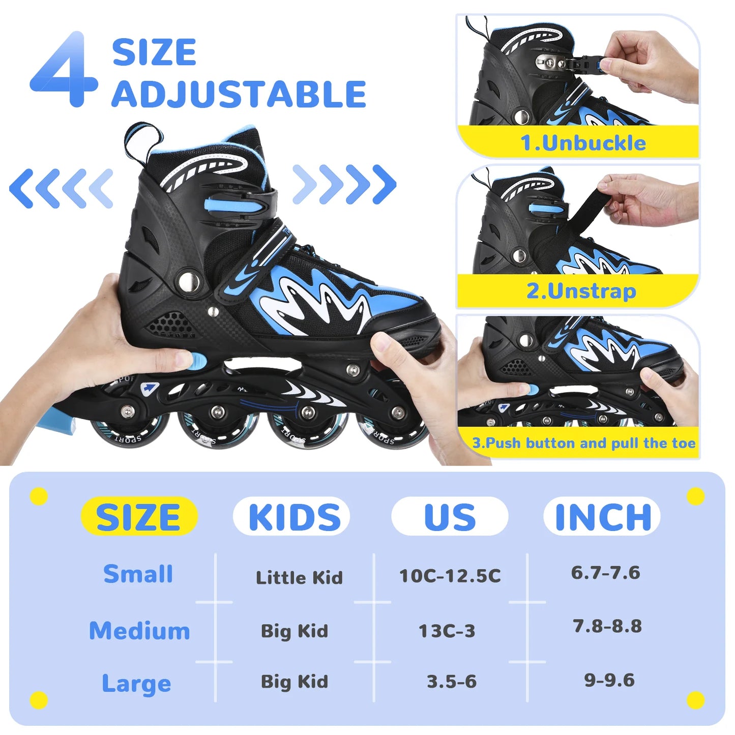 Tomshoo Roller Blades Kids Adjustable Roller Skates w Light-Up Wheels Secure Triple Girls Boys Toddler Smooth Quiet Rollerblades