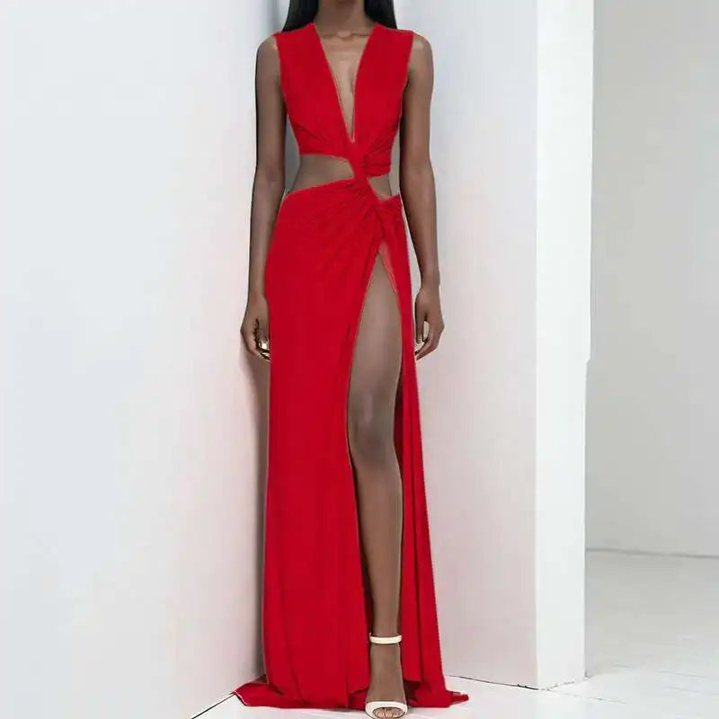 DEAT Spring New Arrival Fashion Hollow Out Sleeveless Dresses For Women Trendy Split V-neck Irregular Dress Female 11A03623