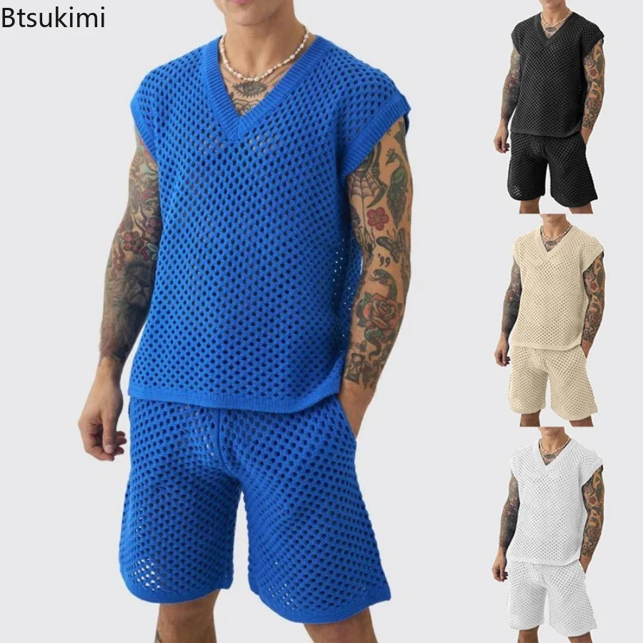 New Men's Summer Casual Knit V Neck Two-piece Sets Fashion Solid Loose Tank Tops and Shorts Sport Suit Men Hollow Out Streetwear